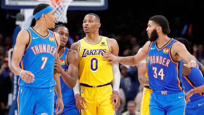 Russell Westbrook confronts Darius Bazley after a late dunk